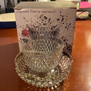 Indiana Glass Diamond Point Hobnail Mayonnaise Sauce Set Vintage New in Box